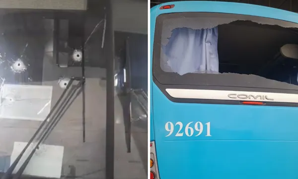 Ônibus é alvejado por homens encapuzados durante ataque a tiros em Lauro de Freitas.
